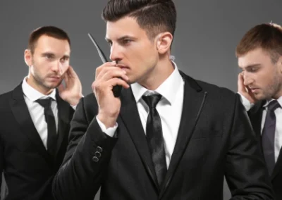 Three men in black tactical suits with radios at Stych Inc, Oxnard tactical gear and bespoke suits.