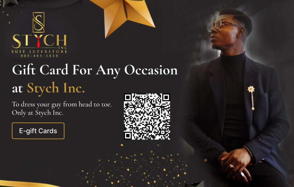 Black and gold Stych Inc gift card for tailoring and menswear