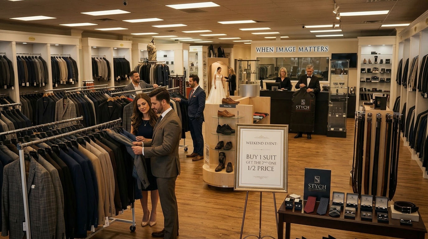 Customers shopping at Stych Inc during the Buy 1 Get 1 Half Off weekend moving sale, with employees packing suits into branded garment bags.